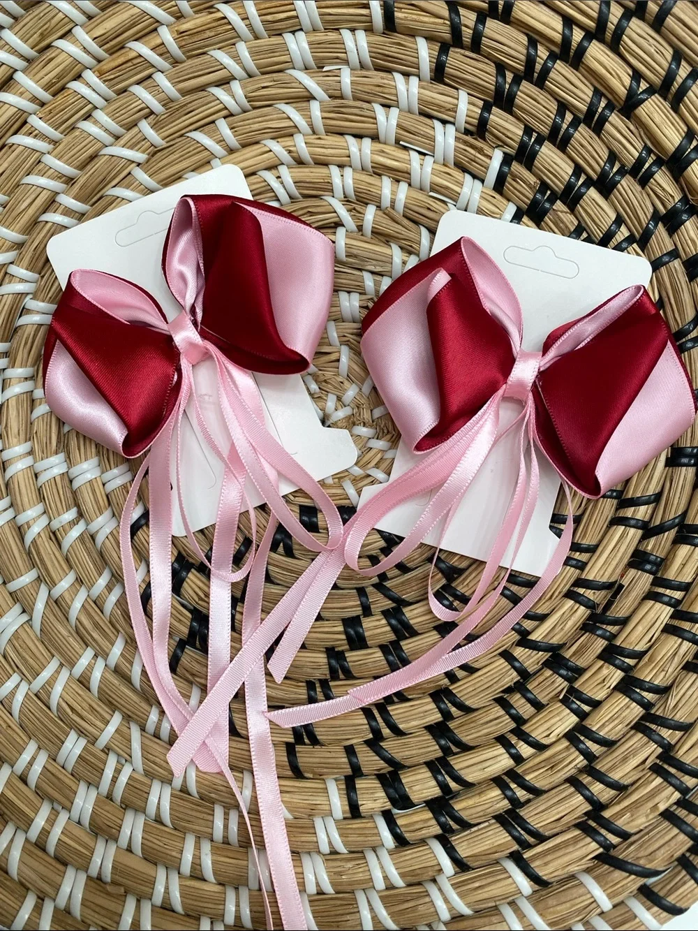 Pink and Burgundy Satin Ribbon Hair Bows with Streamers